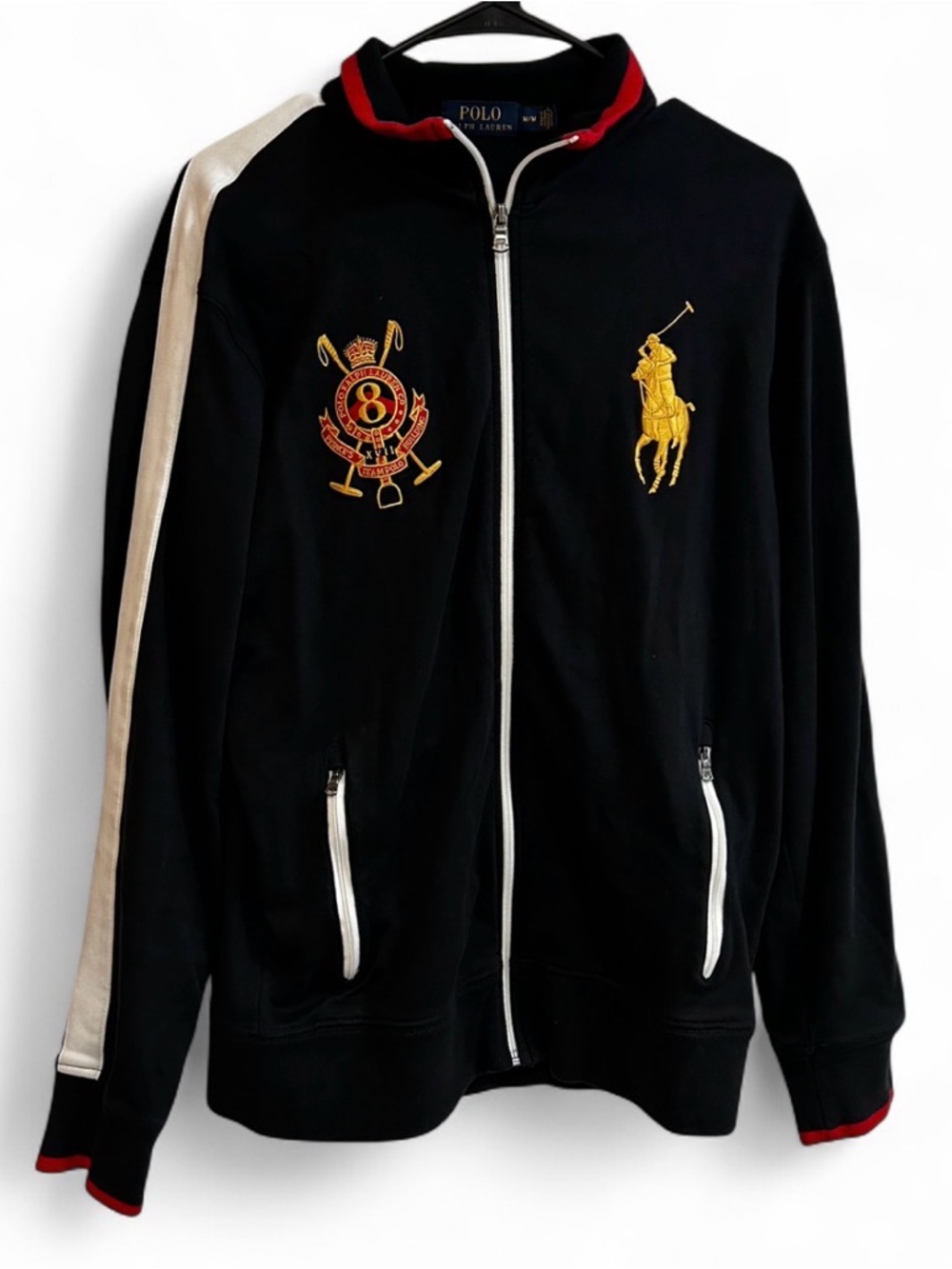 Ralph Lauren Black Track Jacket with Gold Embroidery and Cream Stripe